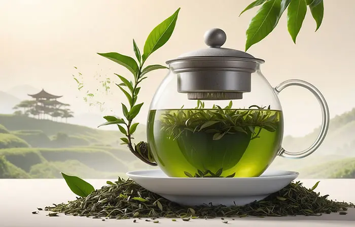 Green Tea Glass Pot Creative 3D Design Art Illustration image